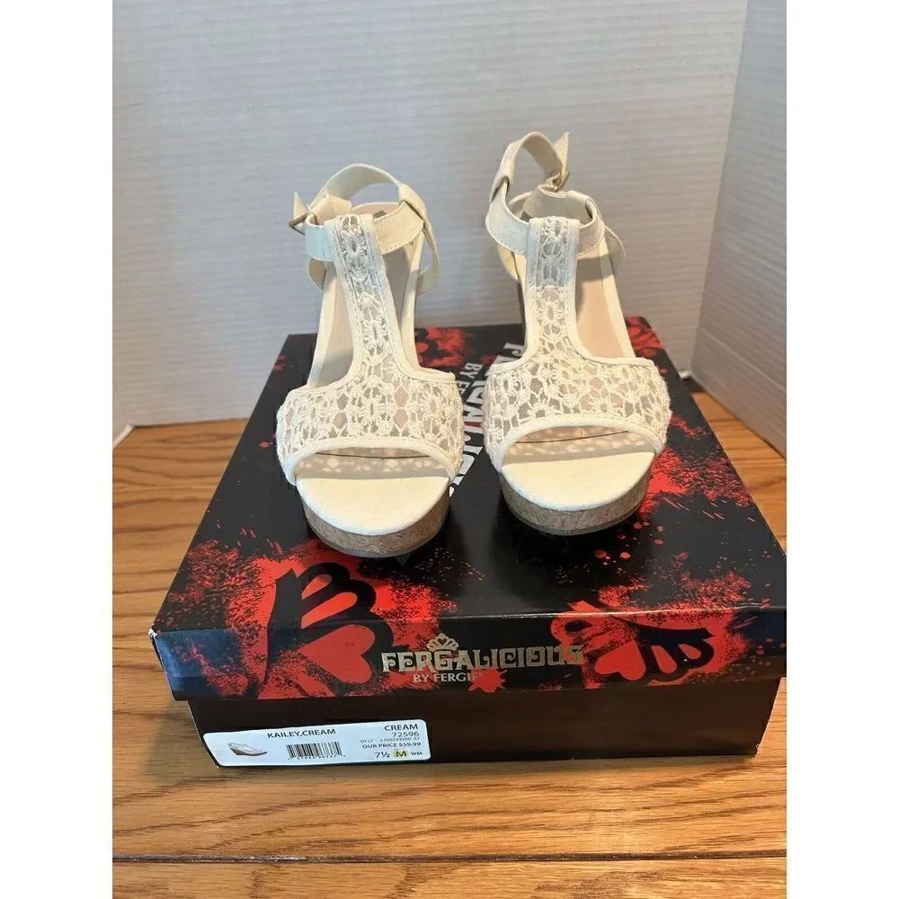 Fergalicious by Fergie Kailey  Cream Wedge Heels Sandals Women's Size 7.5